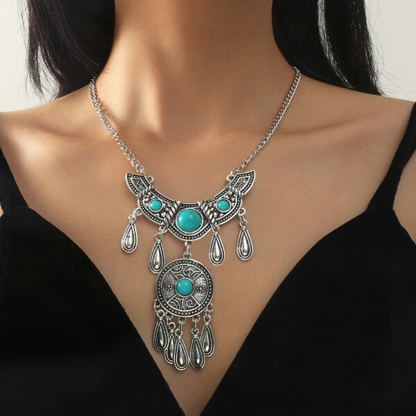 

Bohemian Round Tassel Charm Necklace, Blue