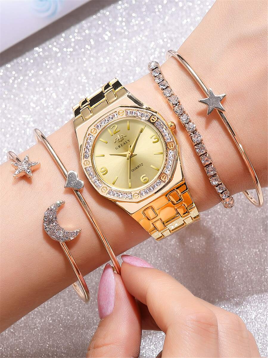 1入組水鑽裝飾指针石英手錶和4入組手鐲 - 金色 - 查看 1
