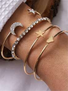 1入組水鑽裝飾指针石英手錶和4入組手鐲 - 金色 - 查看 4