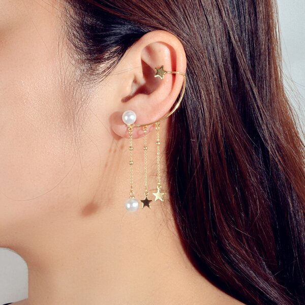 

Faux Pearl Decor Star Drop Earrings, Gold