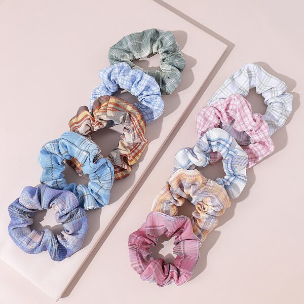 

10pcs Toddler Girls Plaid Print Scrunchie, Multicolor