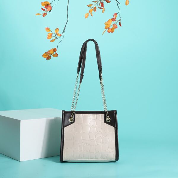 

Croc Embossed Contrast Binding Shoulder Bag, White
