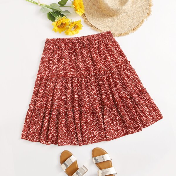 

Plus Ditsy Floral Frill Trim Skirt, Burgundy