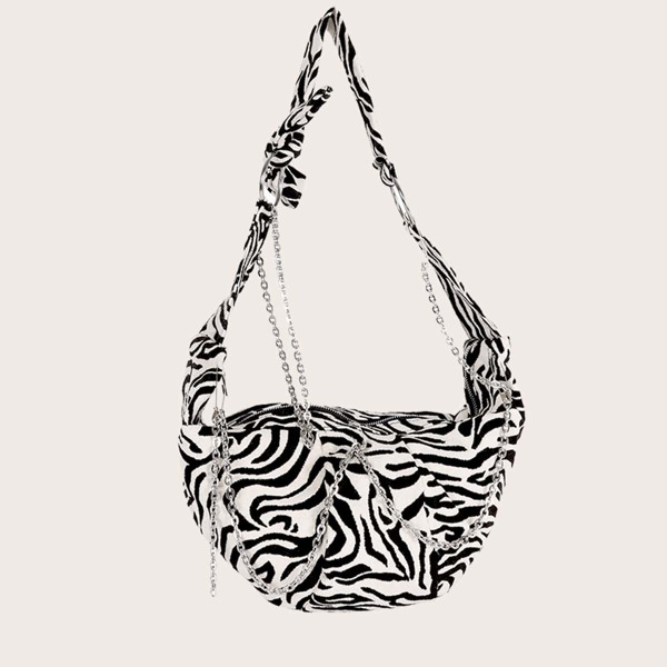 

Chain Decor Zebra Striped Shoulder Bag, Black and white