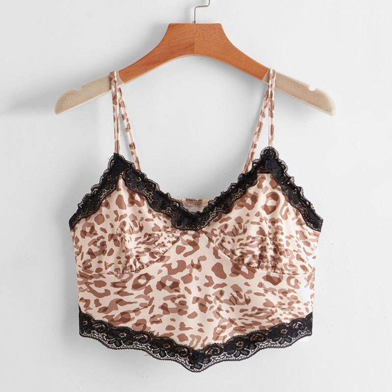 

Leopard Contrast Lace Crop Cami, Multicolor