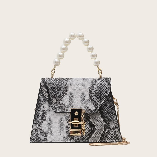 

Metal Lock Snakeskin Print Satchel Bag, Grey
