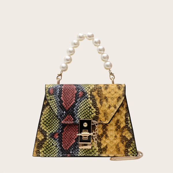 

Metal Lock Snakeskin Print Satchel Bag, Multicolor