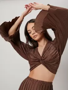 SHEIN Unity Textured Twist Crop Top - Chocolate Brown - View 1