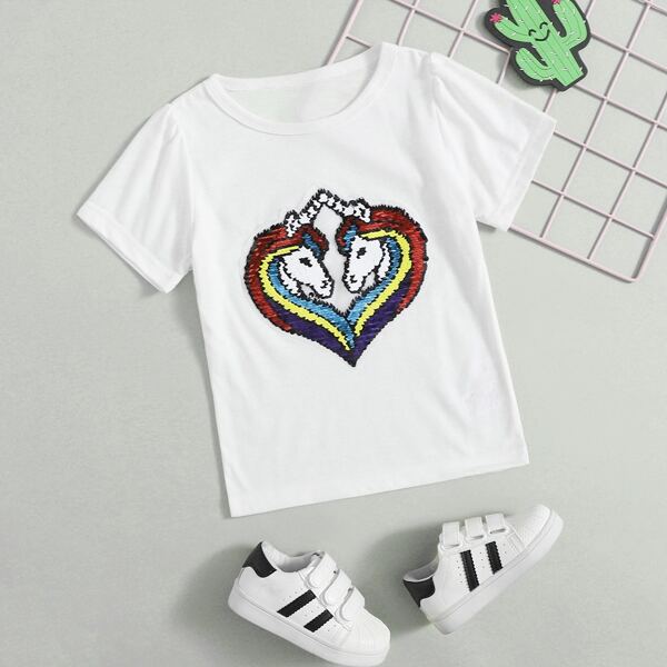

Toddler Girls Cartoon Sequin Panel Tee, White