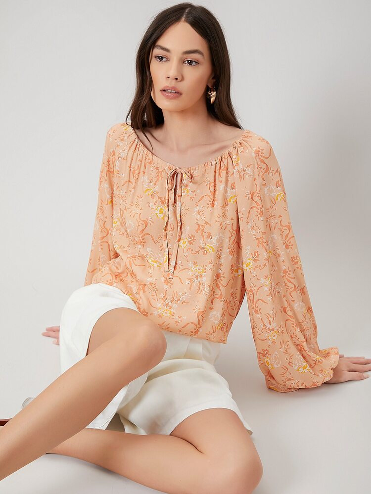 SHEIN Viscose Oversize Balloon Sleeve Top - Orange - View 1