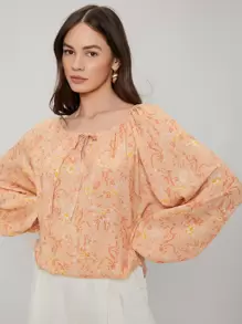 SHEIN Viscose Oversize Balloon Sleeve Top - Orange - View 5