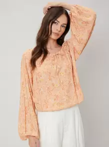 SHEIN Viscose Oversize Balloon Sleeve Top - Orange - View 6