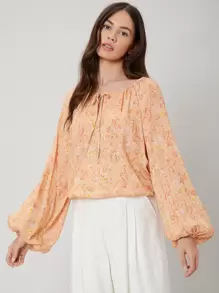 SHEIN Viscose Oversize Balloon Sleeve Top - Orange - View 7