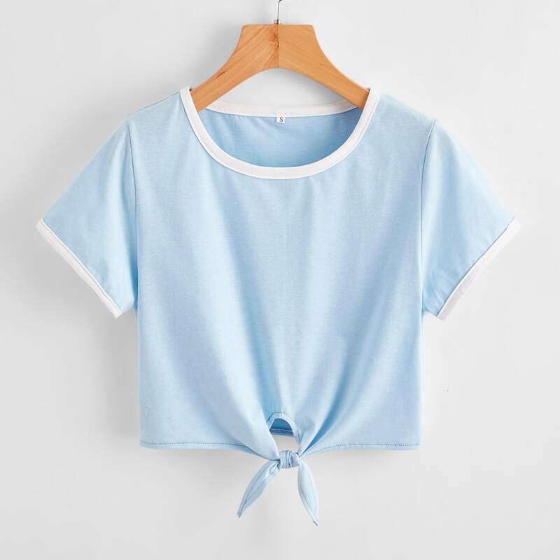 

Contrast Binding Knot Crop Tee, Blue and white