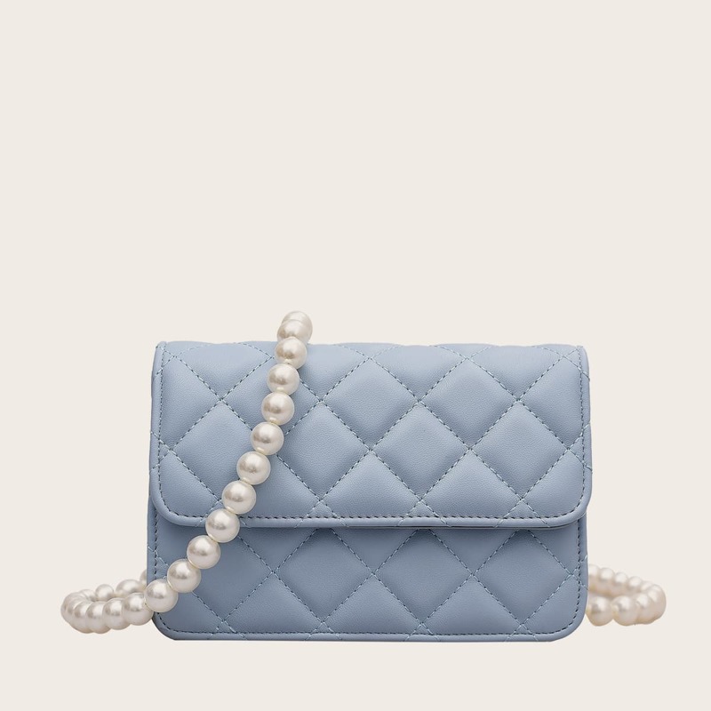 

Faux Pearl Strap Quilted Square Bag, Baby blue