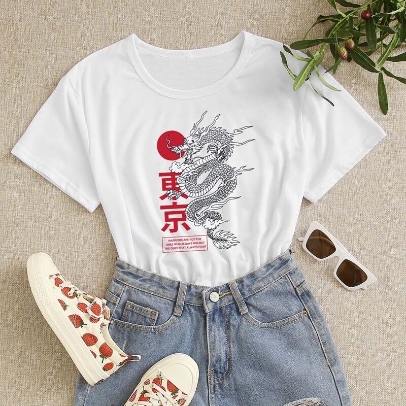 

Letter Chinese Dragon Graphic Tee, White