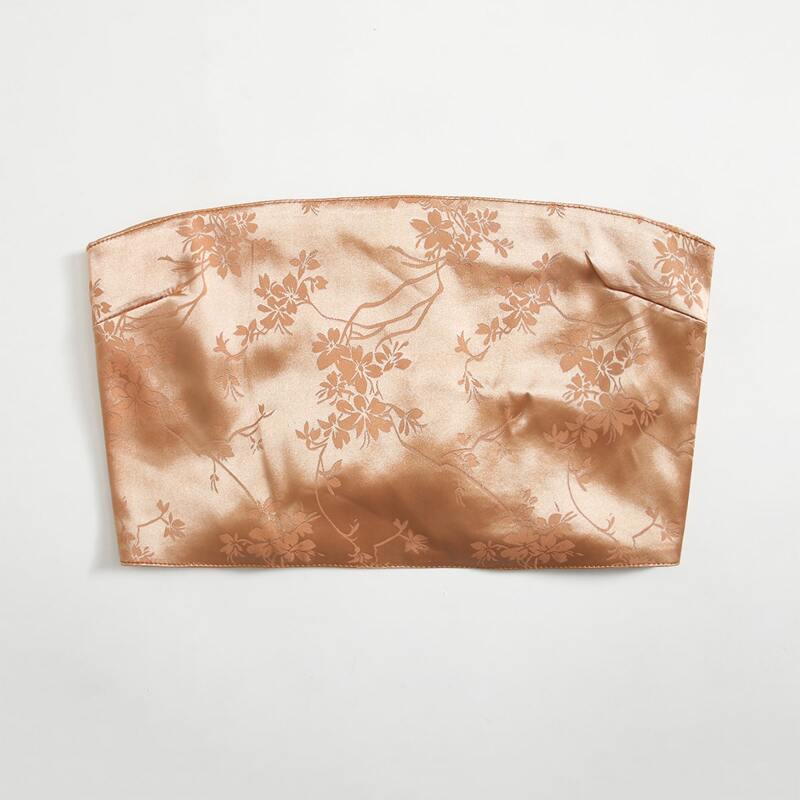 

Satin Jacquard Lace Up Crop Tube Top, Brown