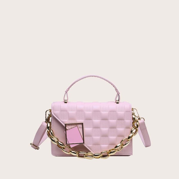 

Metal Lock Quilted Satchel Bag, Baby pink