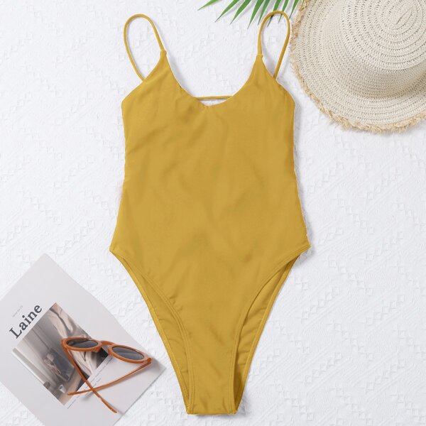 

Backless High Leg One Piece Swimsuit, Mustard yellow