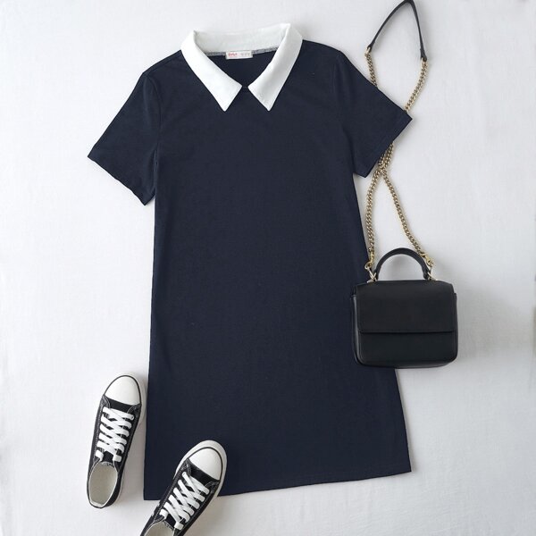 

Plus Contrast Collar Tee Dress, Navy blue
