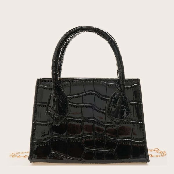 

Mini Croc Embossed Satchel Bag, Black