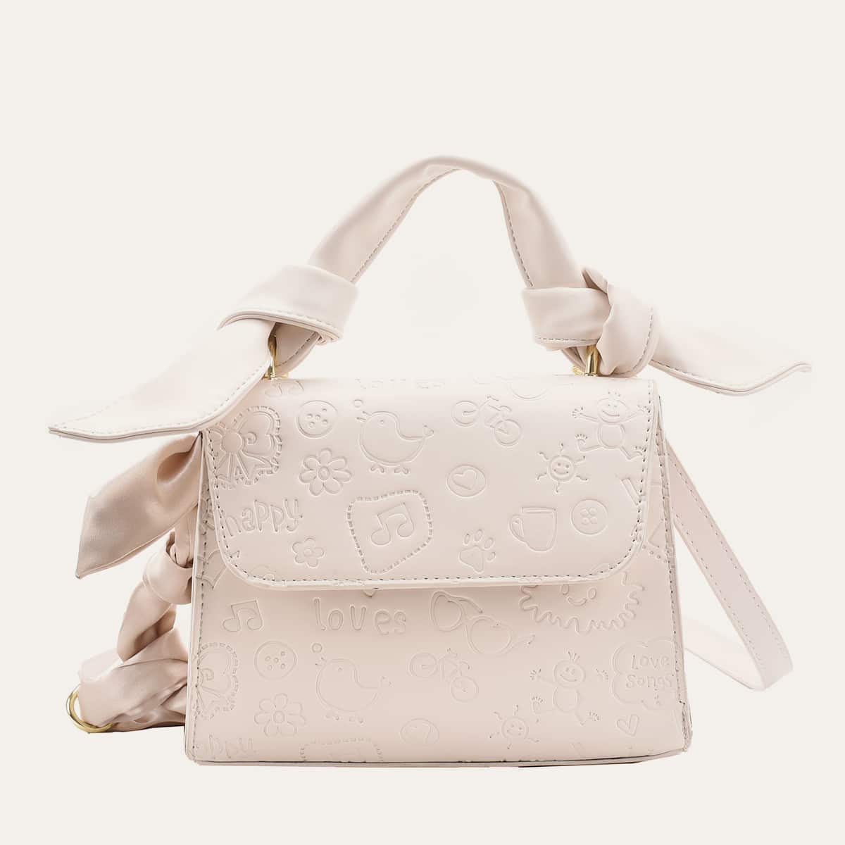 

Twilly Scarf Decor Cartoon Embossed Satchel Bag, Beige