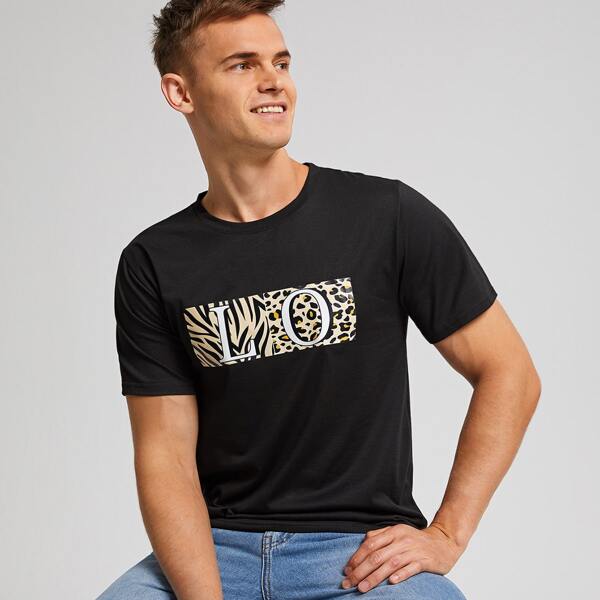 

Men Letter And Leopard Print Tee, Black