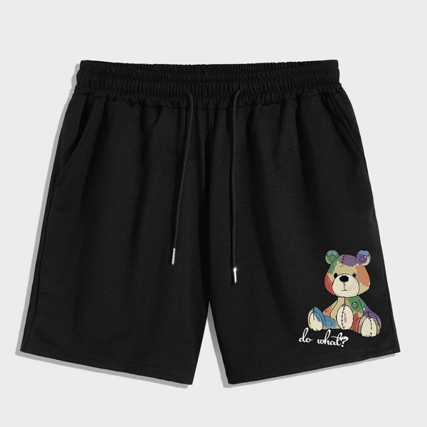 

Guys Letter Cartoon Bear Graphic Drawstring Shorts 7'', Black