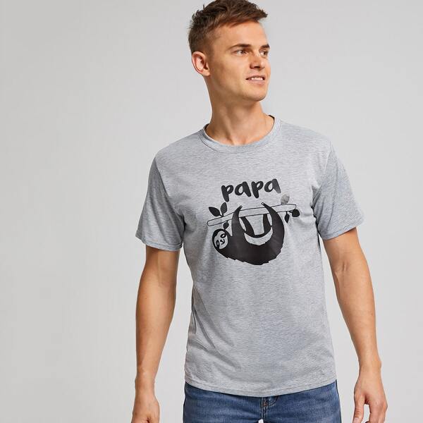 

Men 1pack Sloth And Letter Graphic Tee, Grey