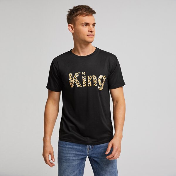 

Men 1pack Leopard Letter Graphic Tee, Black