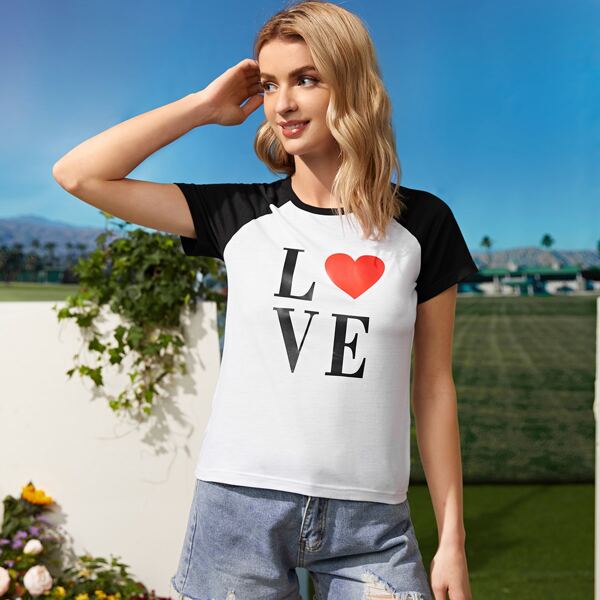 

Letter And Heart Print Tee, Multicolor