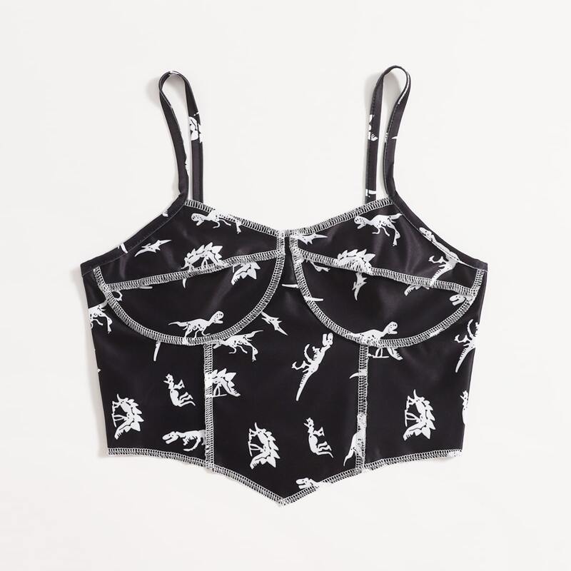 

Contrast Stitch Trim Dinosaur Graphic Crop Cami, Black and white