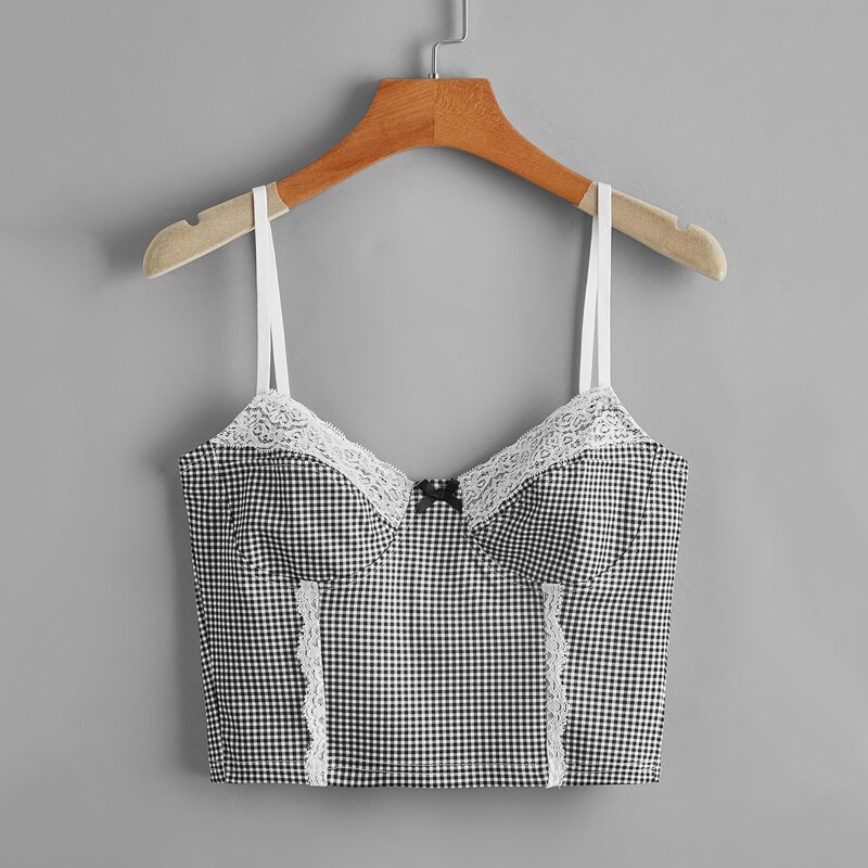 

Contrast Lace Gingham Crop Cami, Multicolor