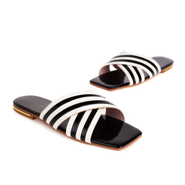 

Striped Criss Cross Slide Sandals, Black and white