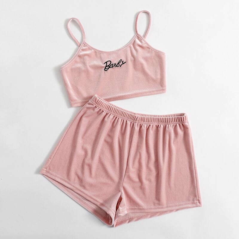 

Velvet Letter Embroidery Crop Cami & Shorts, Dusty pink