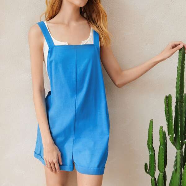 

Solid Patch Pocket Back Overalls, Blue