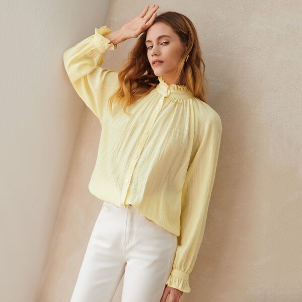 

Solid Frill Neck Flounce Sleeve Blouse, Yellow