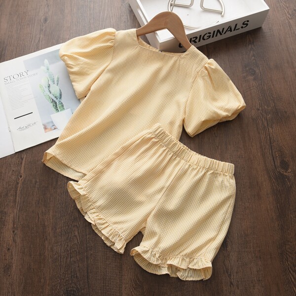 

Toddler Girls Gingham Puff Sleeve Top & Ruffle Hem Shorts, Yellow