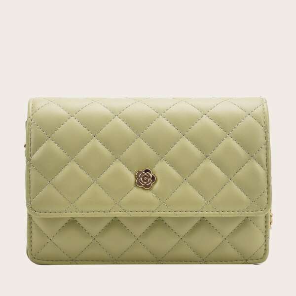 

Quilted Faux Pearl Decor Crossbody Bag, Olive green