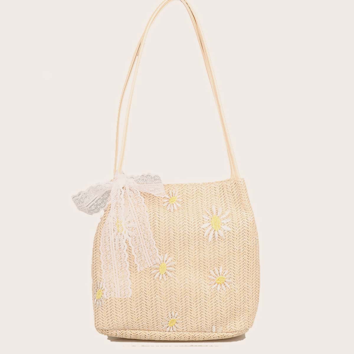 

Daisy Embroidered Straw Bag, Beige