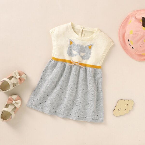 

Toddler Girls Cartoon Pattern Bow Detail Sweater Dress, Multicolor