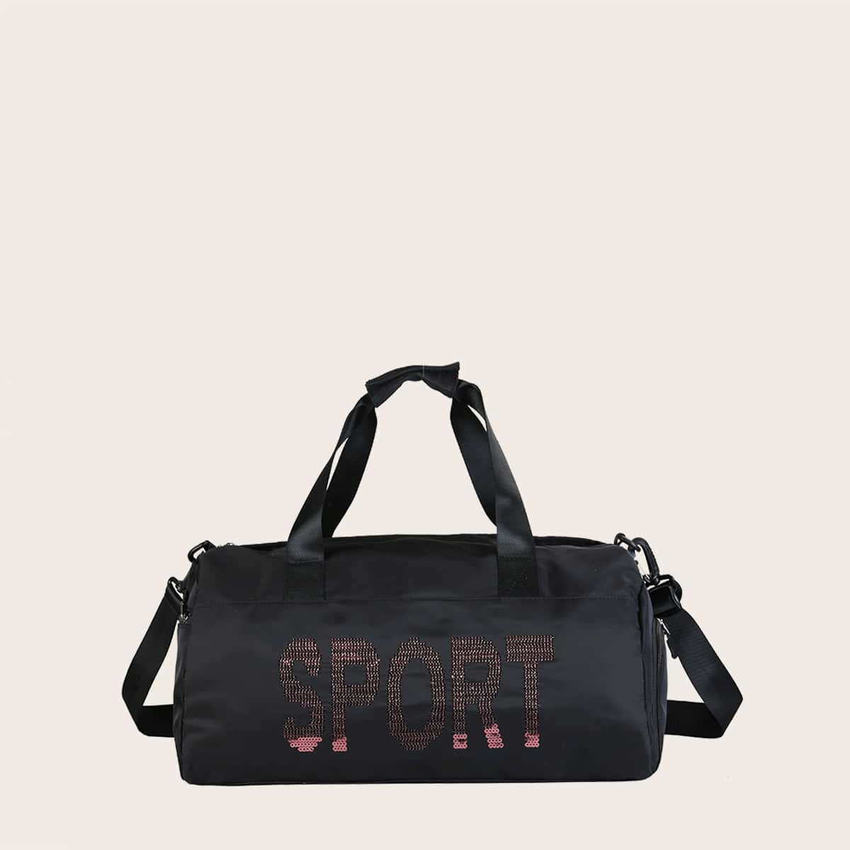 

Sequin Letter Detail Boston Bag, Black