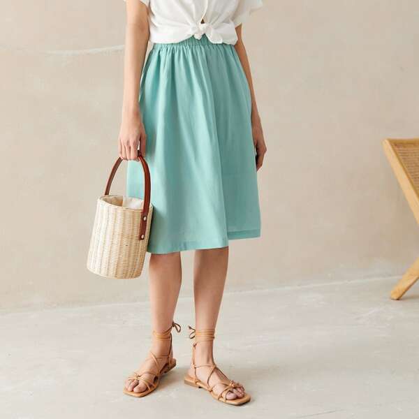 

Solid Elastic Waist Skirt, Mint blue