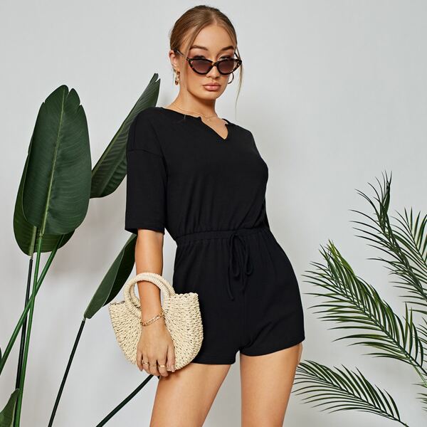 

Notch Neck Solid Tee Romper, Black