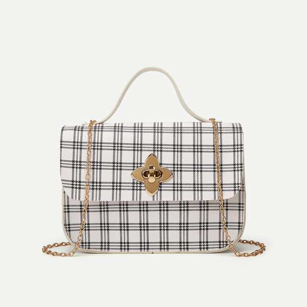 

Plaid Pattern Turn-Lock Satchel Bag, Multicolor
