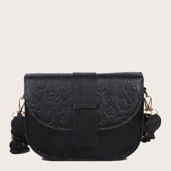 

Cartoon Embossed Flap Shoulder Bag, Black