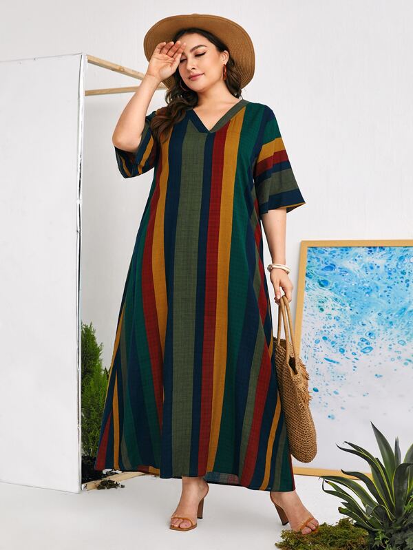 Mulvari Abito tunica maxi con collo a V con stampa a righe di blocchi di colore