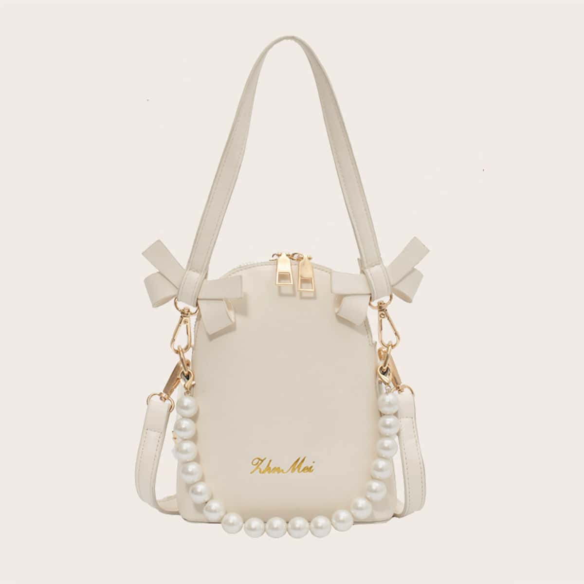 

Faux Pearl Beaded Design Satchel Bag, Beige