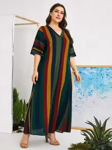 Mulvari Plus Colourblock Striped Print V Neck Maxi Tunic Dress - Multicolor - View 3