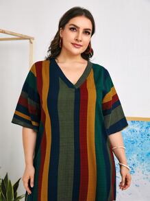 Mulvari Plus Colourblock Striped Print V Neck Maxi Tunic Dress - Multicolor - View 4